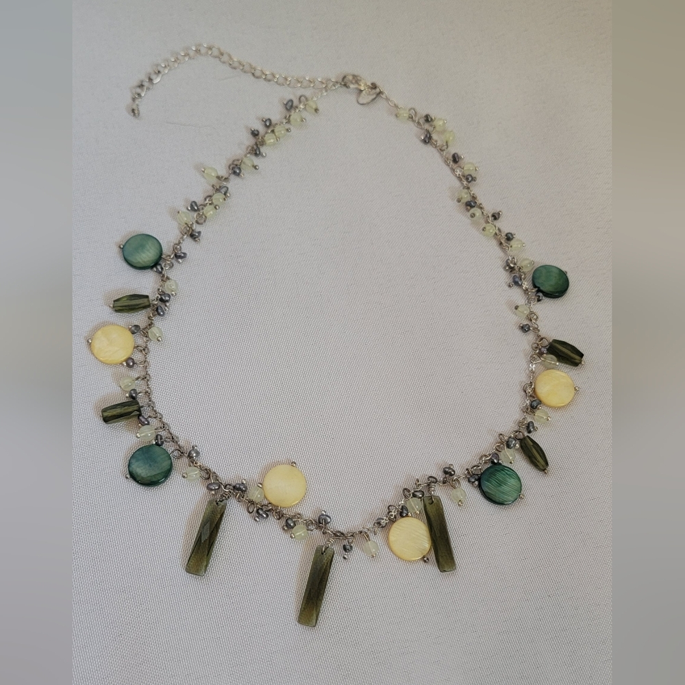 Lia Sophia Sea Grass Green & Yellow Pearl looking Necklace